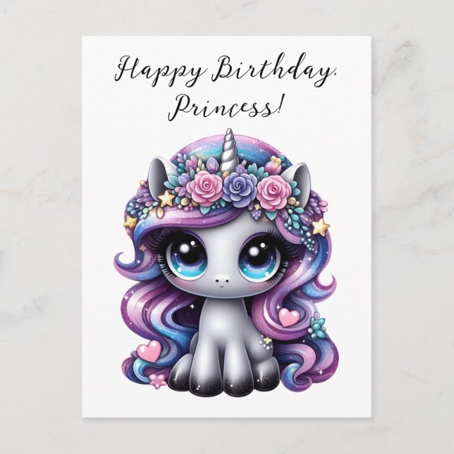 Grattis på födelsedagen, prinsessa! glitterponny e vykort (Framsida)