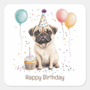 Grattis på födelsedagen Pug Hund Fyrkantigt Klistermärke