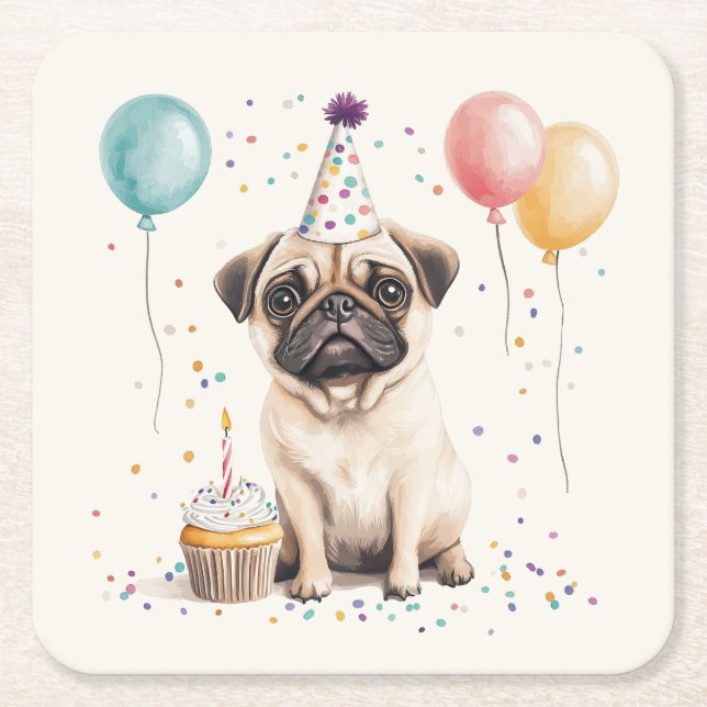 Grattis på födelsedagen Pug Hund Underlägg Papper Kvadrat (Framsidan)
