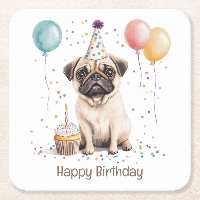 Grattis på födelsedagen Pug Hund Underlägg Papper Kvadrat (Framsidan)
