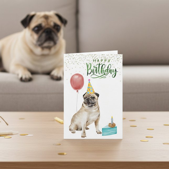 Grattis på födelsedagen Pug hund Watercolor Kort (Skapare uppladdad)