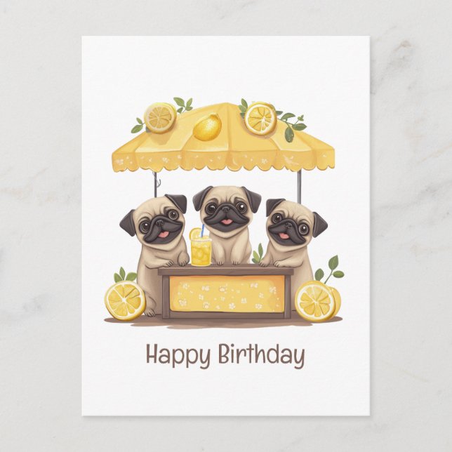 Grattis på födelsedagen Pug Hundar Lemonadstånd Vykort (Framsida)