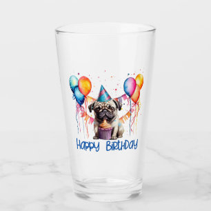 Grattis på födelsedagen Pug med cupkaka och ballon Glaskopp