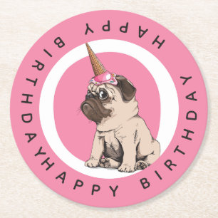 Grattis på födelsedagen Pugicorn Underlägg Papper Rund