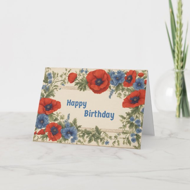 Grattis på födelsedagen Red and Blue Poppy Flowers Kort (Framsida)