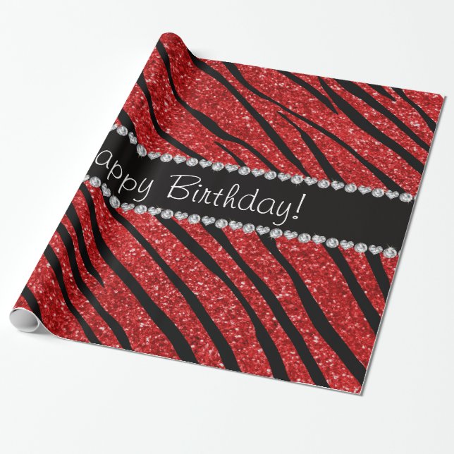 Grattis på födelsedagen red glitter zebra ränder presentpapper (Utrullad)