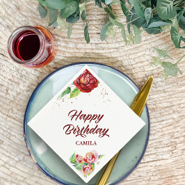 Grattis på födelsedagen Red Guld Vintage Blommigt  Pappersservett