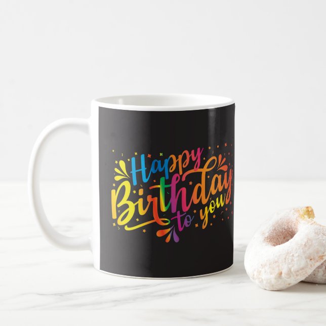 Grattis på födelsedagen - regnbåge i färg kaffemugg (Med munk)