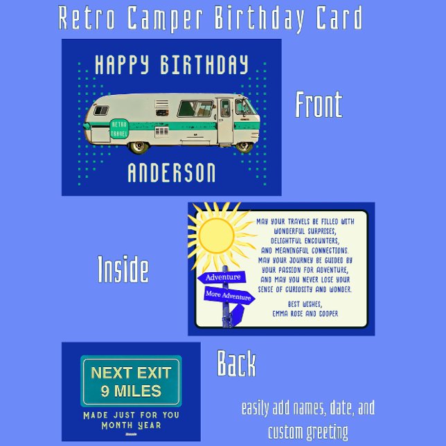 Grattis på födelsedagen Retro Camper RV Travel Kort (Fun birthday card for the travel enthusiast.)