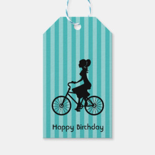Grattis på födelsedagen Retro Girl Bike Rider Presentetikett