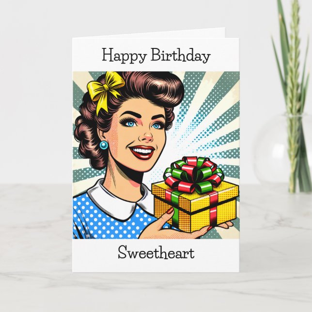 Grattis på födelsedagen | Retro Woman Holding Gift Kort (Framsida)