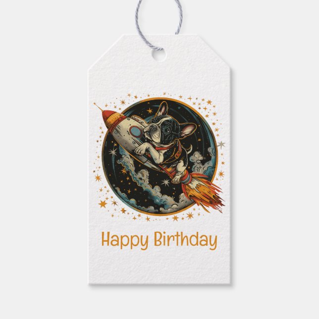 Grattis på födelsedagen Rocket Frakt Fransk Bulldo Presentetikett (Framsidan)