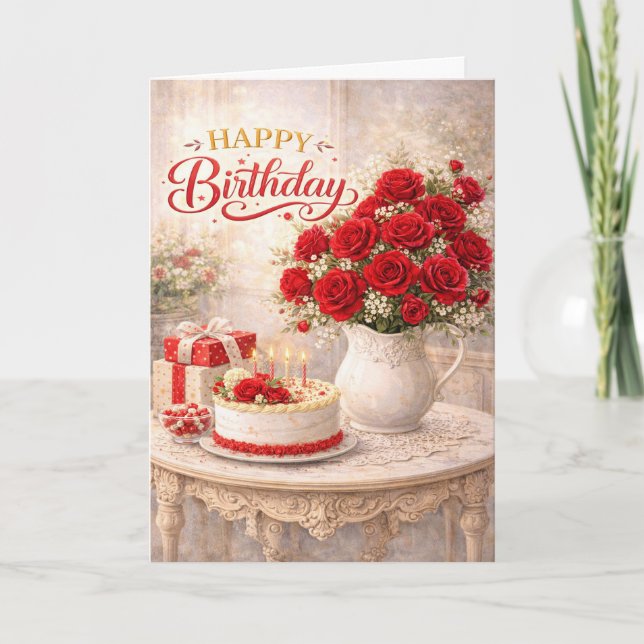 Grattis på födelsedagen Röda Rosor Stilleben Kort (Framsida)