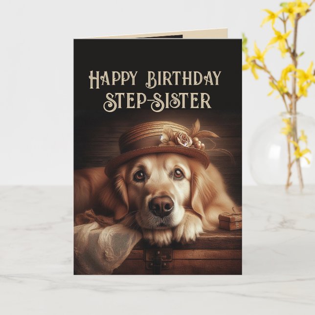 Grattis på födelsedagen rolig hund styvsyster kort (Gul blomma)