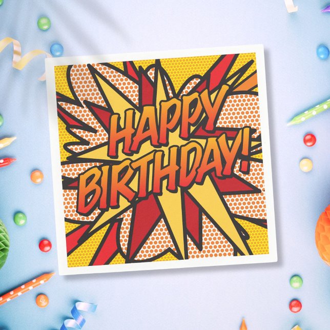 GRATTIS PÅ FÖDELSEDAGEN Roligt Färgfylld Tecknad B Pappersservett (HAPPY BIRTHDAY Fun Colorful Comic Book Napkins)