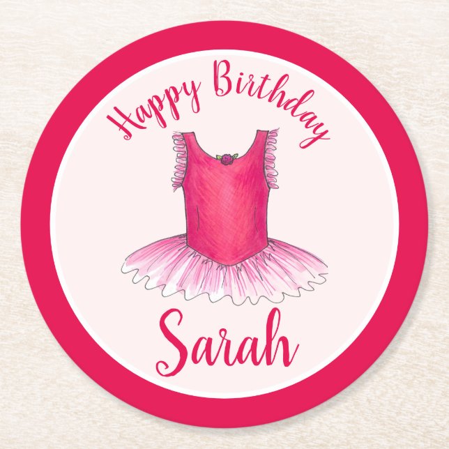 Grattis på födelsedagen Rosa Ballet Dance Ballerin Underlägg Papper Rund (Framsidan)