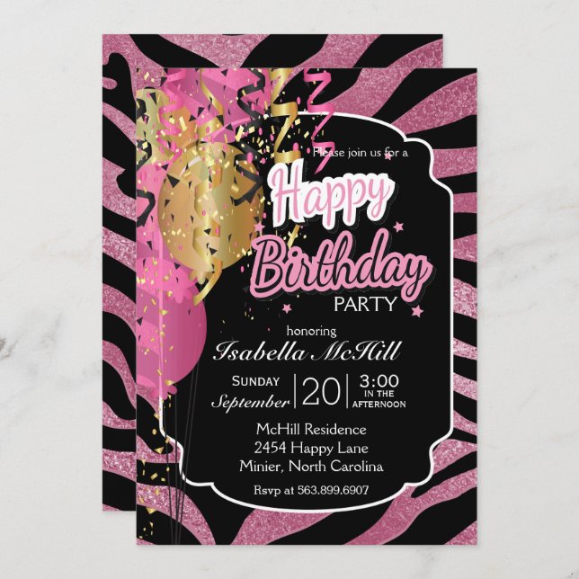 Grattis på födelsedagen - Rosa & Black Zebra rände Inbjudningar (Fram/baksida)