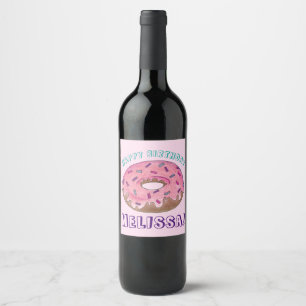 Grattis på födelsedagen Rosa Donut Doughnut Party- Vinflaska Etikett
