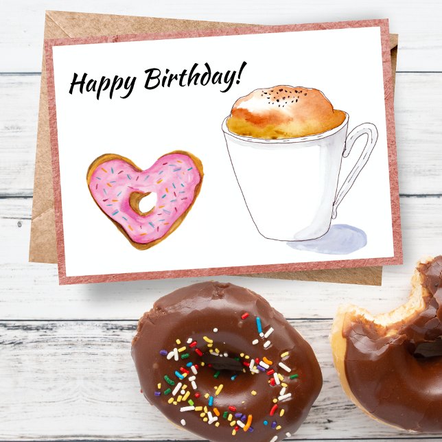 Grattis på födelsedagen Rosa Donut Latte Kort (A donut with a Cappuccino is all you need to wish someone a Happy Birthday!)
