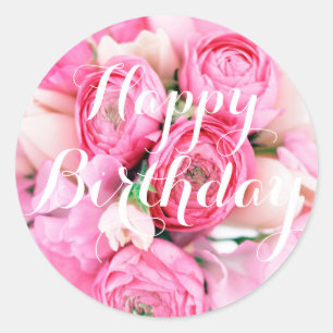 Grattis på födelsedagen Rosa Flowers Stickers Runt Klistermärke