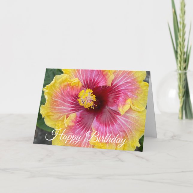 Grattis på födelsedagen Rosa Gul Hibiskusblomma Kort (Framsida)