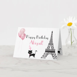 Grattis på födelsedagen Rosa Heart Eiffel Torn Cat Kort