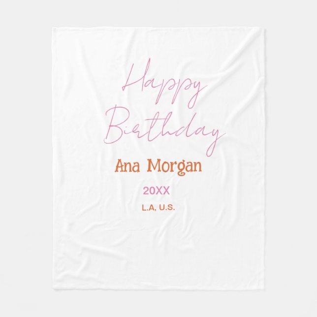 GRATTIS PÅ FÖDELSEDAGEN ROSA ORANGE NAMN ENKEL ÅR  FLEECEFILT (Framsidan)