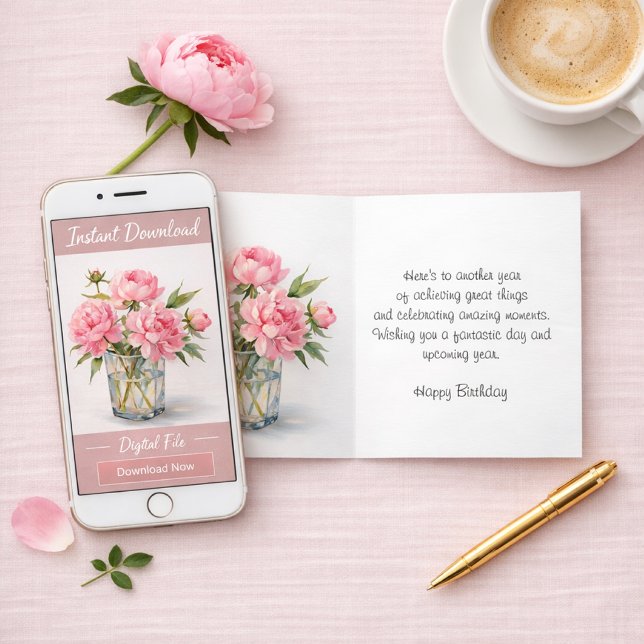 Grattis på födelsedagen Rosa Peonies hälsning  Kort (Your choice elegant peony birthday card or instant download.  Template artwork for her)
