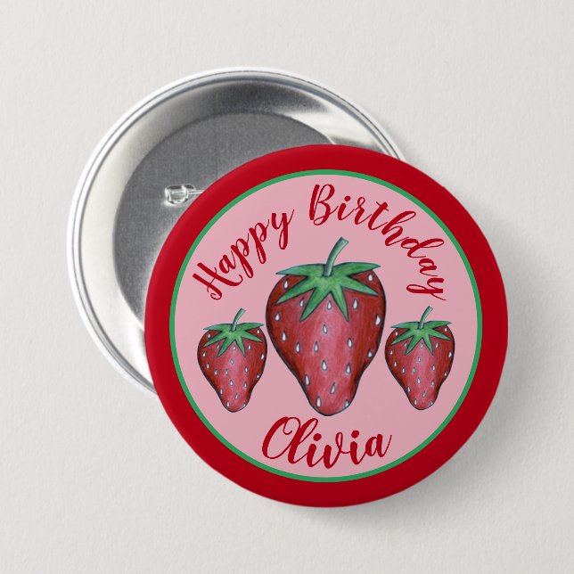 Grattis på födelsedagen Rosa Red Sweet Strawberry  Knapp (Framsida & baksida)
