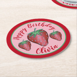 Grattis på födelsedagen Rosa Red Sweet Strawberry Underlägg Papper Rund