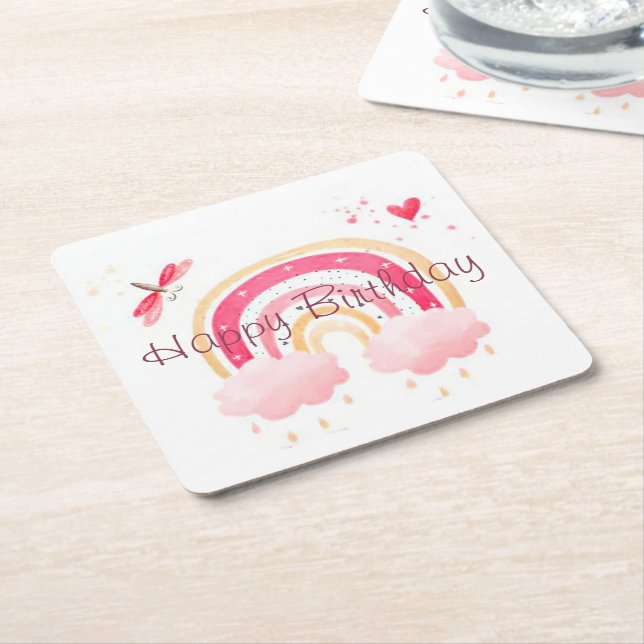 Grattis på födelsedagen rosa regnbåge underlägg papper kvadrat (Vinklad)
