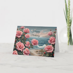 Grattis på födelsedagen Rosa ros vid havet Kort