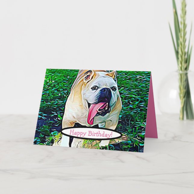 Grattis på födelsedagen, rosa textbulldog med tung kort (Framsida)