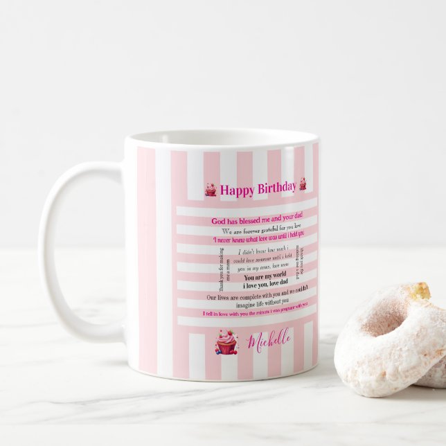 Grattis på födelsedagen Rosa & Vit Rand  Kaffemugg (Med munk)