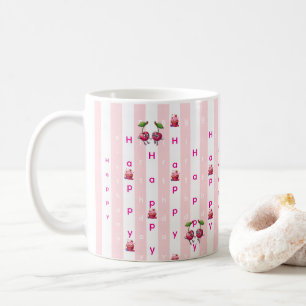 Grattis på födelsedagen Rosa & Vita Ränder Kaffemugg