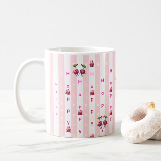 Grattis på födelsedagen Rosa & Vita Ränder Kaffemugg (Med munk)