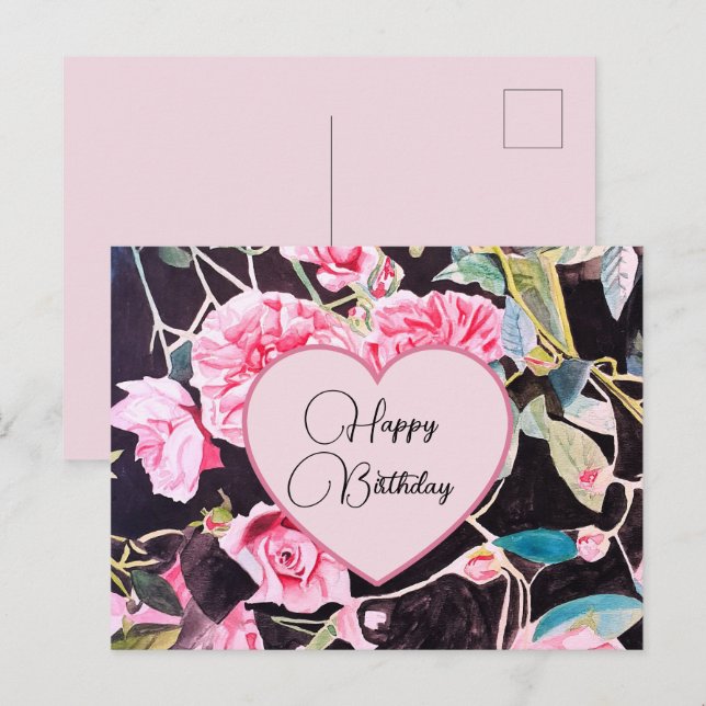 Grattis på födelsedagen Rose blommande Rosa Svart  Vykort (Fram/baksida)