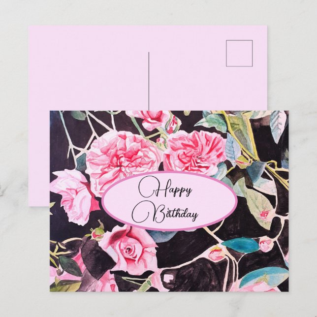 Grattis på födelsedagen Rose blommande Rosa Svart  Vykort (Fram/baksida)