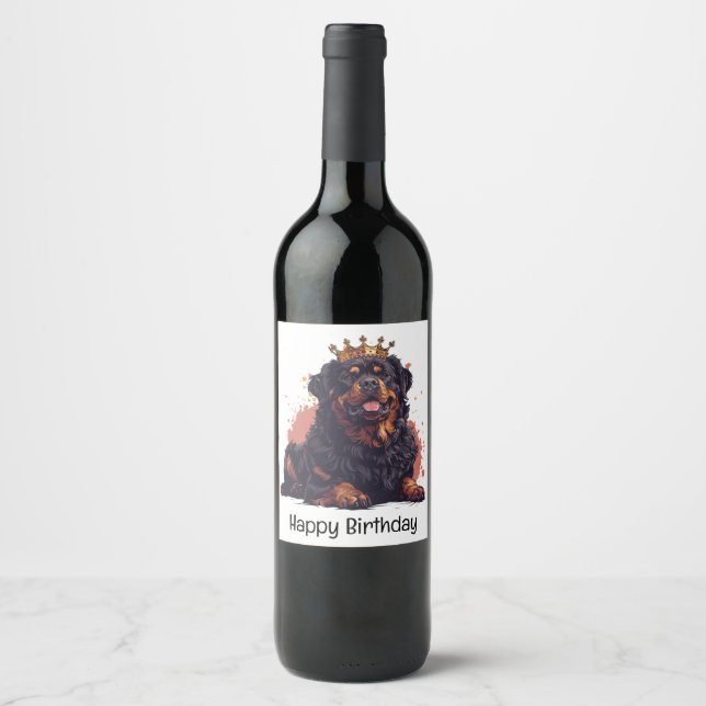 Grattis på födelsedagen Royal Rottweiler Hund Quee Vinflaska Etikett (Framsida)
