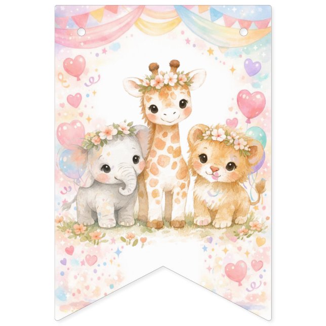 Grattis på födelsedagen Safari Djur Rosa Flickan T Vimplar (Första flaggan)