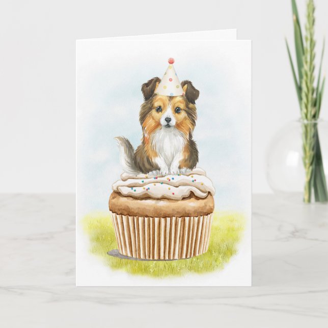 Grattis på födelsedagen Sheltie Valp Cake Birthday Tack Kort (Framsida)