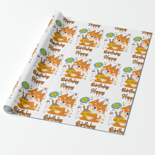 Grattis på födelsedagen Shiba Inu Wrapping Papper Presentpapper (Utrullad)