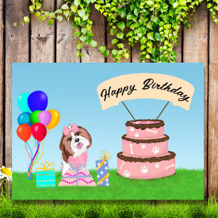 Grattis på födelsedagen Shih Tzu med tårta Kort