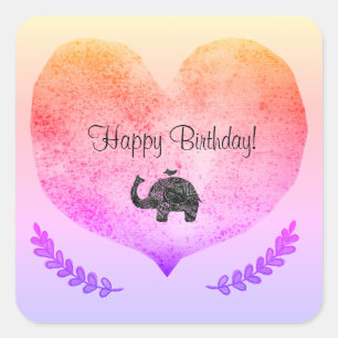Grattis på födelsedagen Shiny Heart Elephant Stick Fyrkantigt Klistermärke