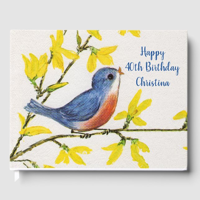 Grattis på födelsedagen Singing Blue Red Bird Gult Gästböcker (Framsida)