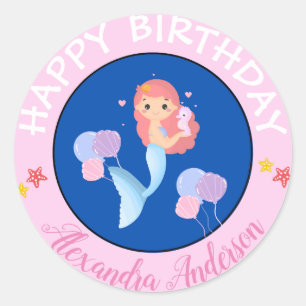 Grattis på födelsedagen Sjöjungfru Namn Baby Rosa Runt Klistermärke