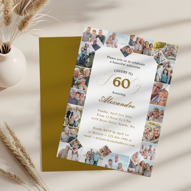 Grattis på födelsedagen, skål för 60 år Foto Colla Inbjudningar (Happy Birthday Cheers To 60 Years Photo Collage Invitation)
