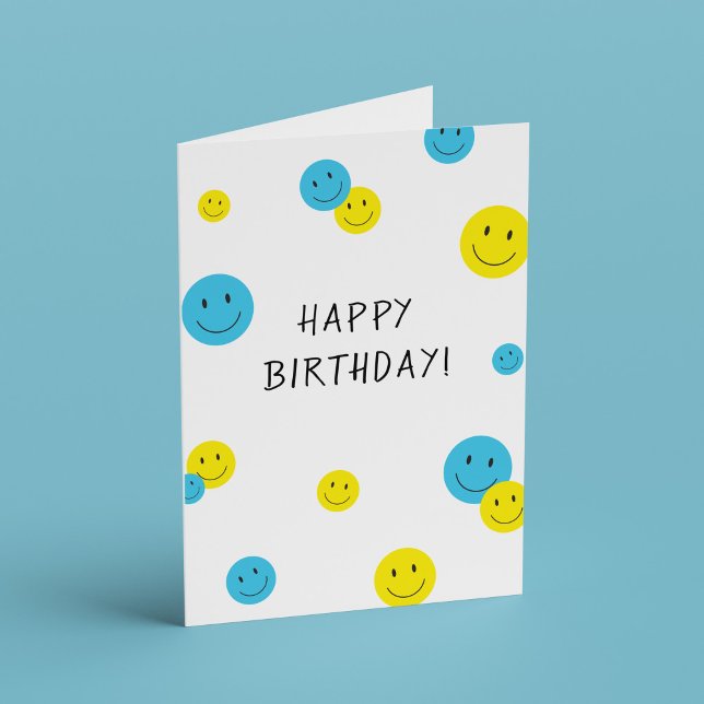 Grattis på födelsedagen Smiling Ansikte Blue Gult Kort (happy faces birthday card)