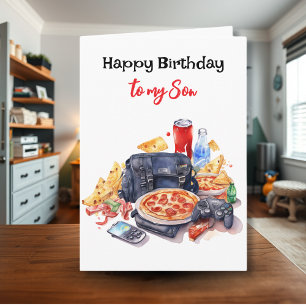 Grattis på födelsedagen Son   Spel och Pizza Vibes Kort