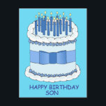 Grattis på födelsedagen Son Tecknad Cake and Candl Vykort<br><div class="desc">En stor tecknad födelsedagskalas med tända ljus på och ord "Grattis på födelsedagen Son" sätts mot en ljusblå bakgrund.</div>
